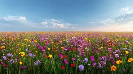 Fototapeta premium Vibrant Wildflower Field Under Clear Blue Sky in Springtime with Colorful Blooms of Pink, Red, Yellow, and Purple in a Scenic Landscape View
