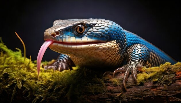 Blue-tongued skink with tongue out on mossy branch.