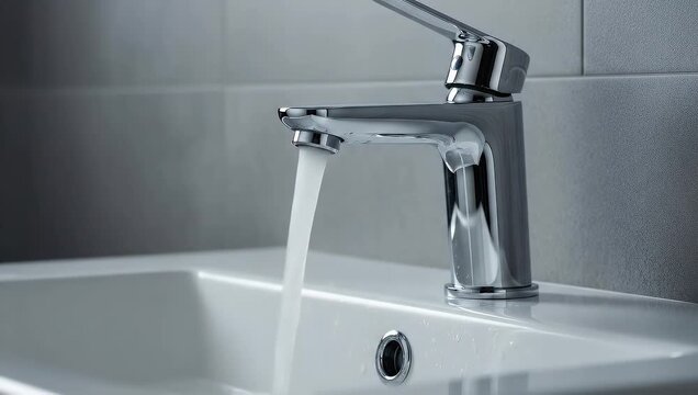 Chrome faucet dispensing water into white ceramic sink in modern bathroom with tiled wall