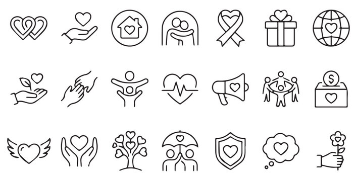 Charity human care outline icons pack. Line signs volunteering and giving, support donation or friendly handshake. Thin vector icons set perfect for web app infographic business social projects.