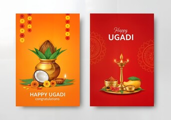Happy Ugadi Greeting Cards Set, Indian New Year Celebration, Hindu Festival