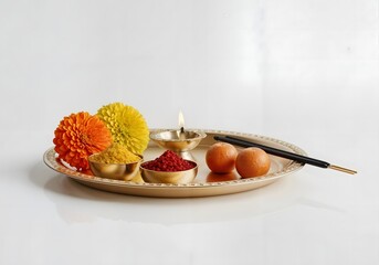 Religious Indian Pooja Thali Flowers, Diya, Kumkum, Incense, Eggs, and Brass Plate