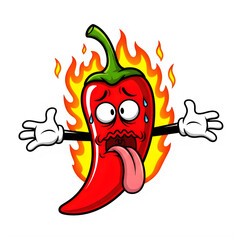 Fiery cartoon chili pepper character screaming with flames isolated on transparent background
