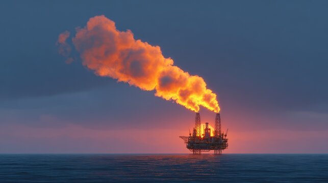 Oil rig emitting bright orange flames and smoke against a dusky sky, showcasing energy industry impact on ocean environment and global warming issues