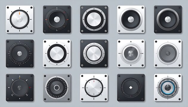 Fifteen audio control panels arranged in a grid, featuring knobs and speakers, set on a grey background