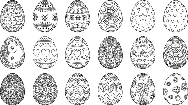 Large set of eighteen ornate Easter egg coloring patterns in black-and-white vector line art style,