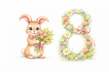 Cute Bunny With Floral Number Eight