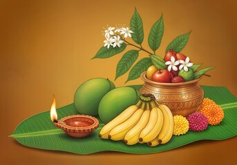 Ugadi Festival Decoration Fruits, Flowers, Diya, and Kalash on Banana Leaf