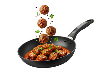 Meatballs being tossed in a pan with sauce and herbs isolated on transparent background