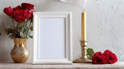 altar with photo frame and flowers at home