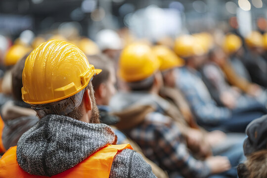 Construction workers wearing yellow safety helmet and orange vest attending safety orientation class in industrial setting, focused and attentive group learning important safety procedures