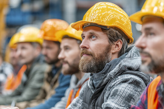 Construction worker safety helmet hard hat safety orientation industrial worker bearded man protective gear workwear teamwork factory focus male worker safety training group industry blue eyes