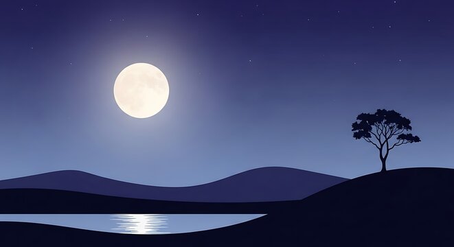 Night landscape illustration with a full moon over hills and a solitary tree