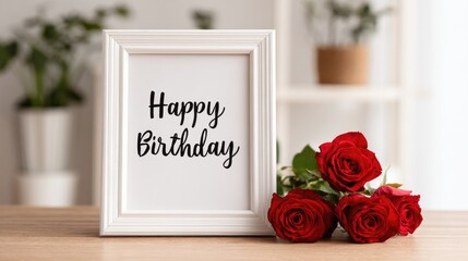 happy birthday greetings in a photo frame with red roses
