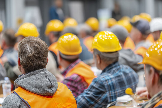 Construction workers attending training course indoors wearing yellow safety helmet and orange vest, focused on learning and safety awareness in group setting