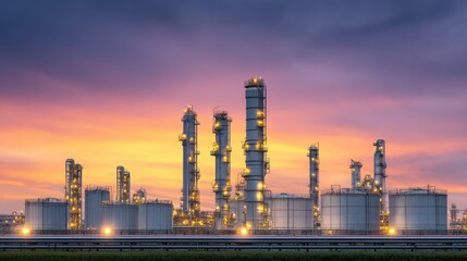 Industrial oil refinery at sunset with glowing towers and storage tanks under a colorful sky, showcasing modern energy production and technology
