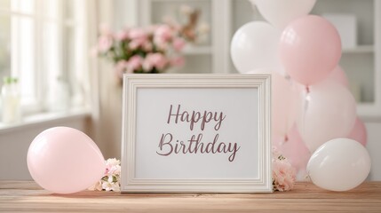 happy birthday greetings in a photo frame with pink balloons
