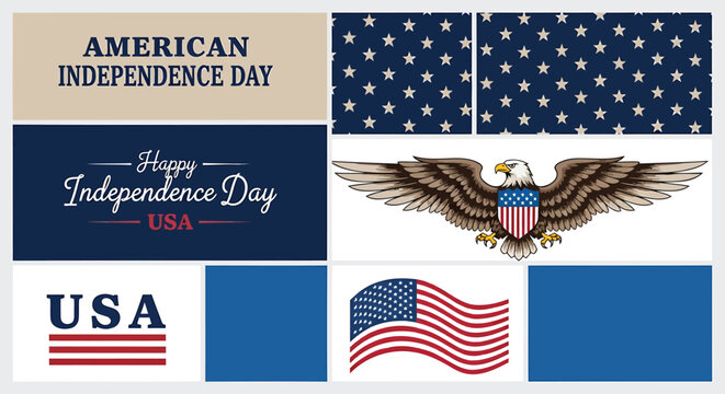American Independence Day icon collection. Includes patriotic symbols, USA flags, eagle, and Independence Day labels. Created in flat style with red, white, and blue palette.