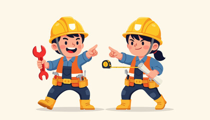 Fototapeta premium Cartoon Construction Workers Boy and Girl Builders with Tools.