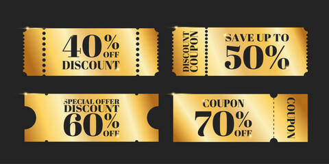Golden coupons with different discounts. Shiny special offer vouchers on the black background. Vector illustration