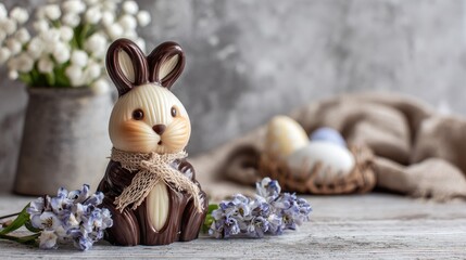 tasty chocolate easter bunny stand on table