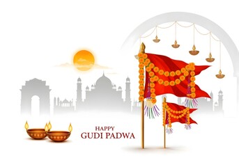 Happy Gudi Padwa Greetings, Flags and Decorations, Indian Festival Illustration