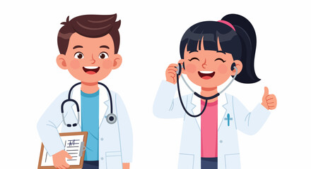 Two Smiling Children Dressed as Doctors with Stethoscopes and Clipboards.