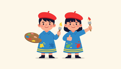 Two Young Artists with Red Berets Holding Paintbrushes and Palette.