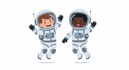 Two Young Astronauts Floating in Space Celebrating Exploration.