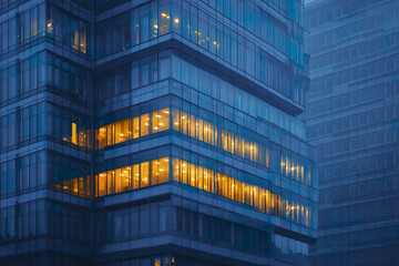 Fototapeta premium Modern office building exterior with glowing warm lights inside during evening, reflecting blue glass windows and creating calm urban atmosphere in cityscape