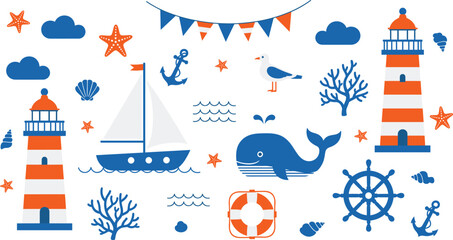 Flat vector illustration set of nautical elements including lighthouses sailboat blue whale seagull anchors steering wheel lifebuoy starfish shells and coral reef waves. © Aminul