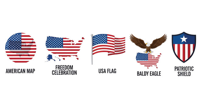 Patriotic American icon collection. Includes American map, freedom celebration, USA flag, bald eagle, patriotic shield. Created in flat style with red, white, and blue palette.