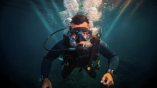 An underwater portrait showcases a scuba diver amidst rising bubbles, bathed in sunlight, embodying adventure and exploration. Ideal for travel, nature, and wellness themes.(185)