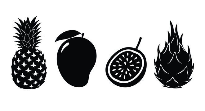 Black and white fruit illustrations in a graphic silhouette