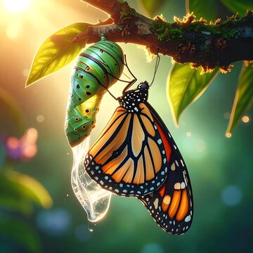 A monarch butterfly emerges from its chrysalis on a branch (2)