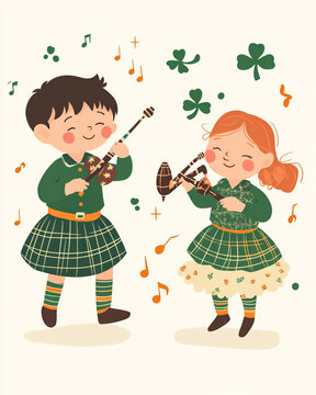Minimal top-down scene with children playing Irish instruments and dancing. Traditional patterns on clothes, and pastel colors emphasize safe and positive style