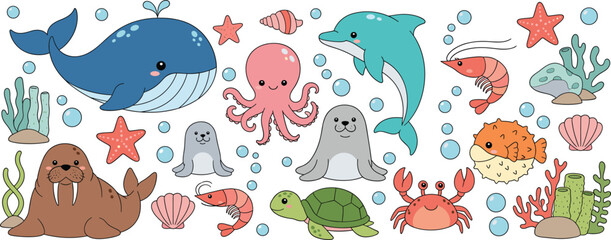 Flat vector illustration set of cute sea animals including blue whale dolphin octopus walrus seal sea turtle puffer fish crab and shrimp. © Aminul