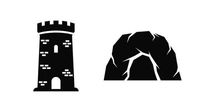 A stark castle tower and rocky outcrop in black silhouette