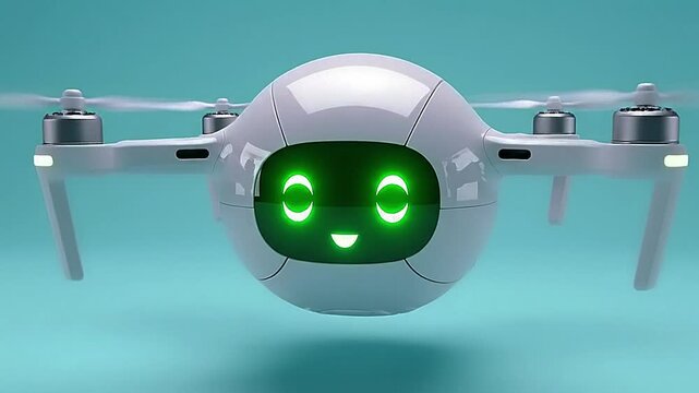 White drone with glowing green face on blue background.