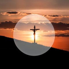 Jesus on the Cross Silhouette at Sunset - Religious Symbol, Christian, Faith