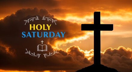 Holy Saturday Cross Silhouette at Sunset - Easter, Religious Background