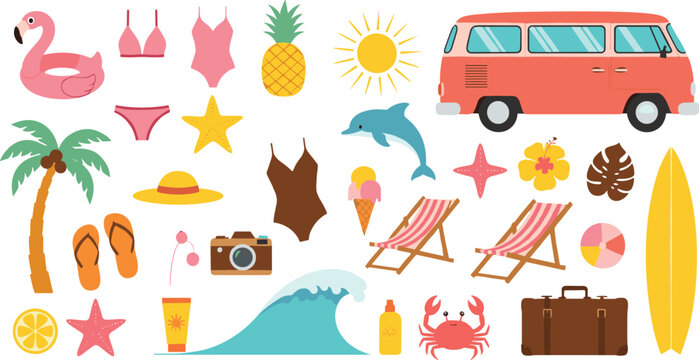 Flat vector illustration set of summer beach elements including orange travel van surfboards palm tree flamingo float deck chairs camera and swimsuit.