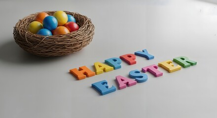 Happy Easter! Colorful Easter eggs in a nest and Happy Easter sign on a white background, holiday concept