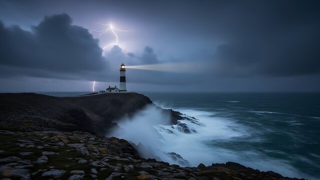 Lighthouse on rocky coastline with stormy weather and rough seas at night