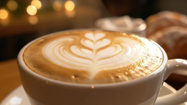 Close-up of a frothy cappuccino with latte art hearts, steaming gently in a white cup