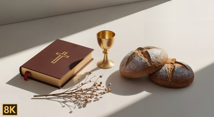 Holy Communion Still Life Bible, Bread, Chalice, Religious Background, 8K