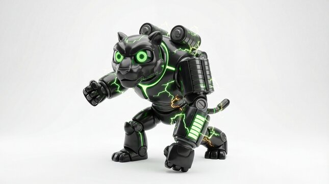 A futuristic robotic cat with green neon lights standing in a powerful stance