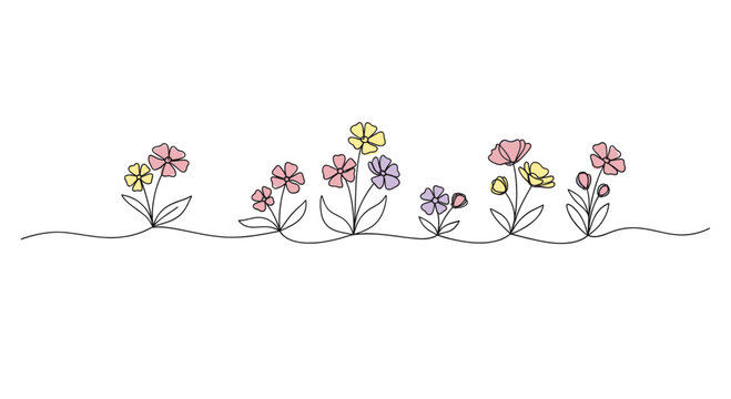 Simple line art drawing of flowers in pastel colors. Ideal for spring, feminine designs, stationary, invitations, and social media graphics with a fresh, clean aesthetic.
