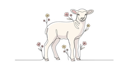 Fototapeta premium An illustration of a lamb surrounded by delicate flowers, created in a continuous line style. Perfect for spring, Easter, or nature-themed designs.