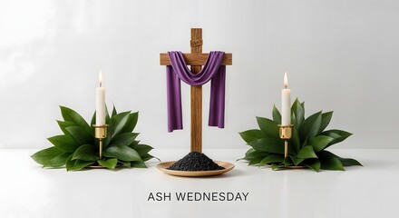 Ash Wednesday Cross with Candles and Leaves, Holy Week Concept